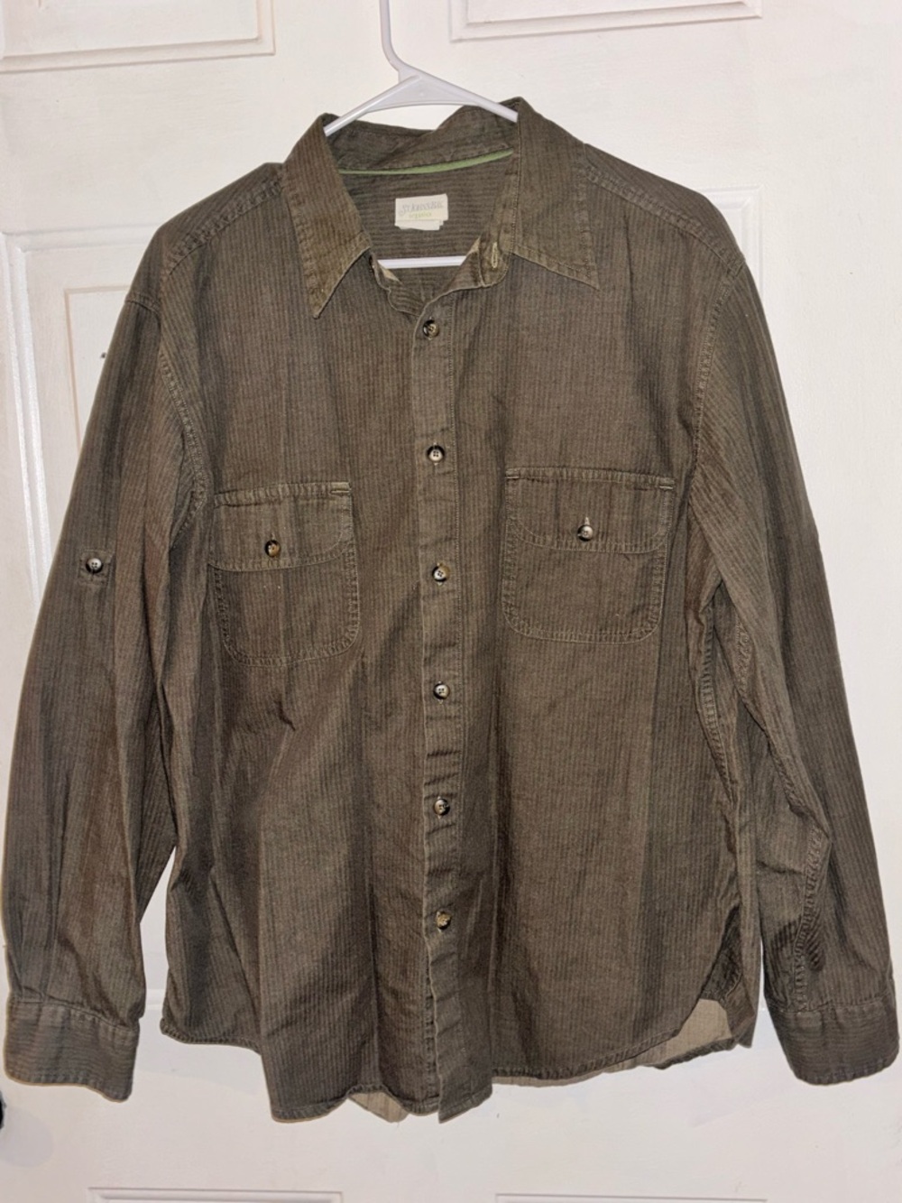 St. John's Bay Organics Dark Olive button down Shirt with Green Trim